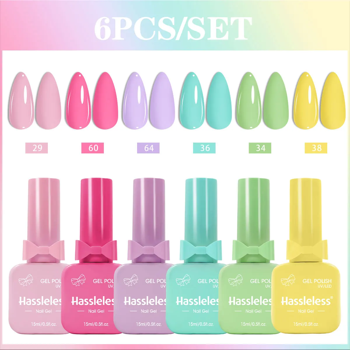 Hassleless 6-Piece Solid Color Gel Nail Polish Set (6 Bottles) - High Gloss, Washable/LED Curing, Suitable for Nail Salons and N
Hassleless 6-Piece Solid Color Gel Nail Polish Set (6 Bottles) - High Gloss, Washable/LED Curing, Suitable for Nail Salons and N