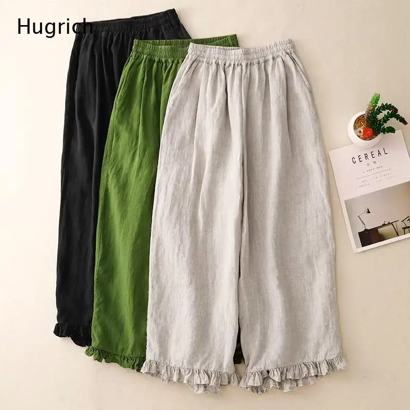 Women's Cotton Linen Wide Leg Pants with Ruffle Hem - High Waist Elastic Waist Loose Fit Casual Trousers for Summer Spring
Women's Cotton Linen Wide Leg Pants with Ruffle Hem - High Waist Elastic Waist Loose Fit Casual Trousers for Summer Spring