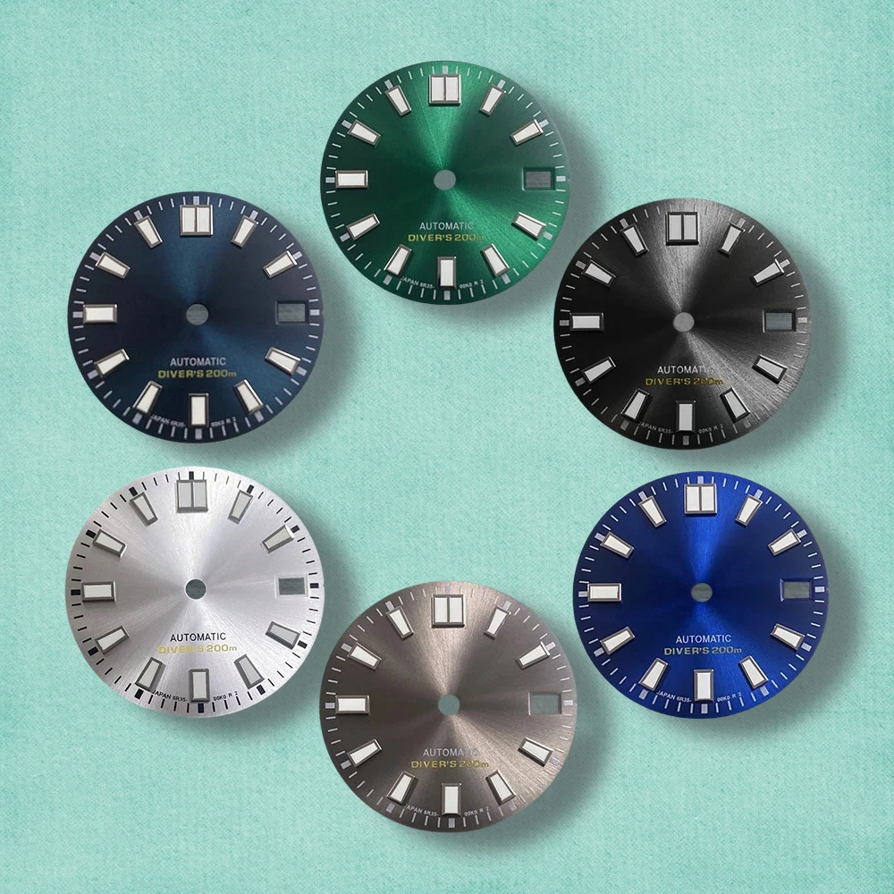 28.5mm High Quality S Logo NH35 Dial Sunray Dial Suitable For NH35/NH36/4R/7S Movement Green Luminous NH35 Watch Accessories
28.5mm High Quality S Logo NH35 Dial Sunray Dial Suitable For NH35/NH36/4R/7S Movement Green Luminous NH35 Watch Accessories 