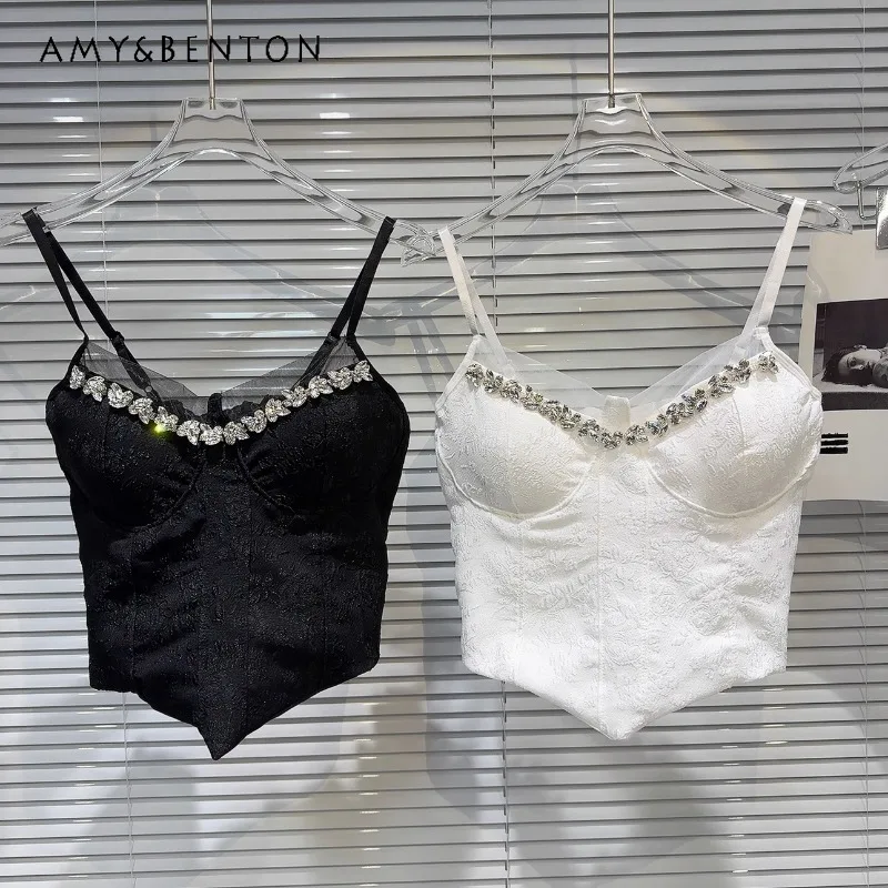 2024 Summer New Classic Rhinestone Mesh Lace Pattern Fabric Solid Color Chest Pad Slings Y2k Crop Top Tank Black White Camisoles
2024 Summer New Classic Rhinestone Mesh Lace Pattern Fabric Solid Color Chest Pad Slings Y2k Crop Top Tank Black White Camisoles