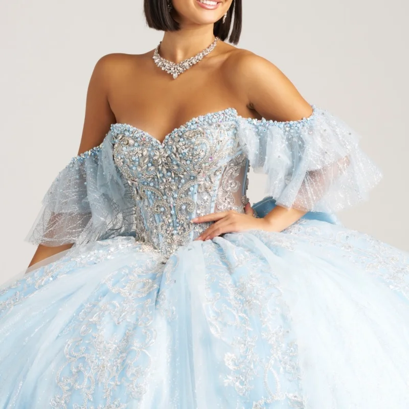 Light Blue Quinceanera Dresses Off the Shoulder Glitter Crystal Decal Long tail Bow Vestidoe 15 Quinceanera Customize
Light Blue Quinceanera Dresses Off the Shoulder Glitter Crystal Decal Long tail Bow Vestidoe 15 Quinceanera Customize