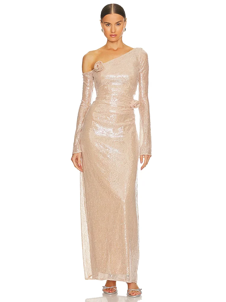 Elegant Champagne Lace Sequin One-Shoulder Mesh Maxi Dress with Floral Accents - Full Sleeve Birthday Party Formal Evening Gown
Elegant Champagne Lace Sequin One-Shoulder Mesh Maxi Dress with Floral Accents - Full Sleeve Birthday Party Formal Evening Gown