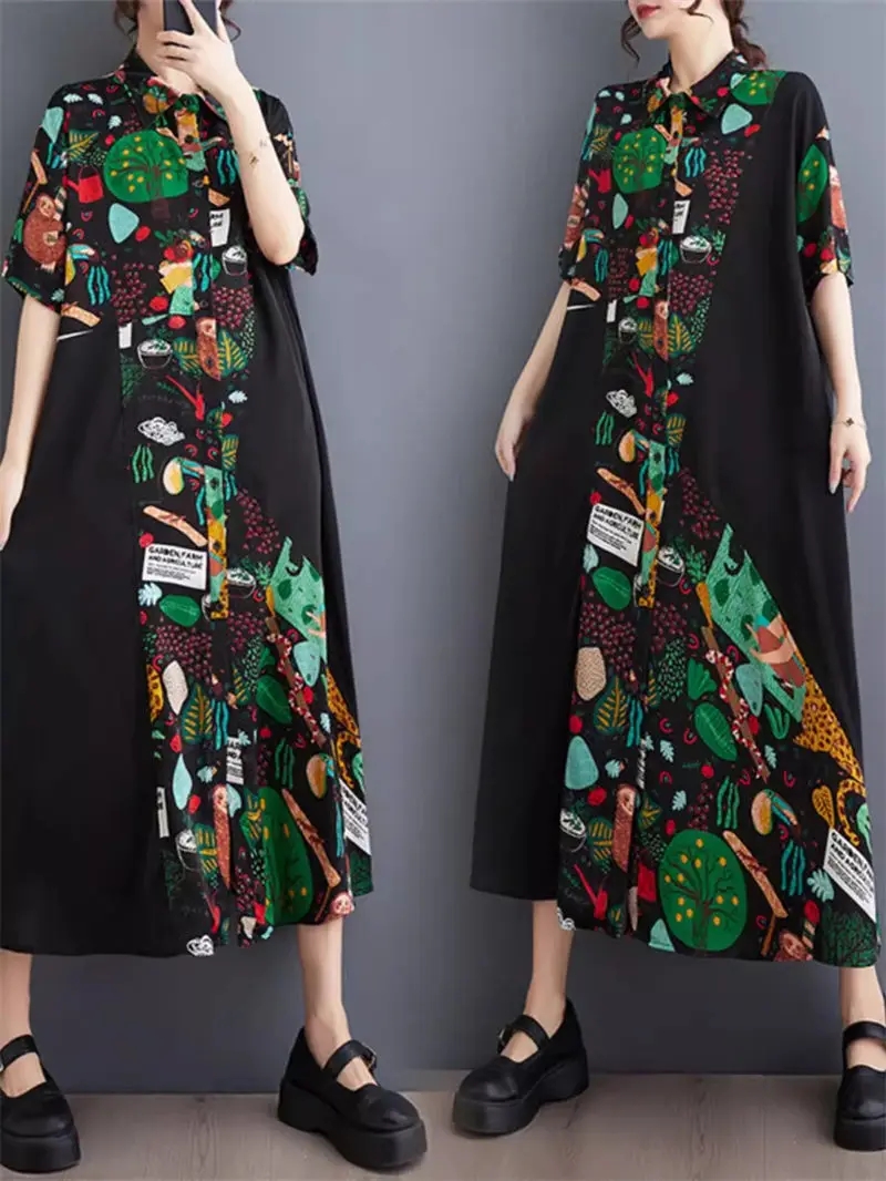 Art Retro Contrasting Color Printed Dress 2024 Spring Summer Lapel Short Sleeve Shirt Dress Women's Long Robe K315
Art Retro Contrasting Color Printed Dress 2024 Spring Summer Lapel Short Sleeve Shirt Dress Women's Long Robe K315