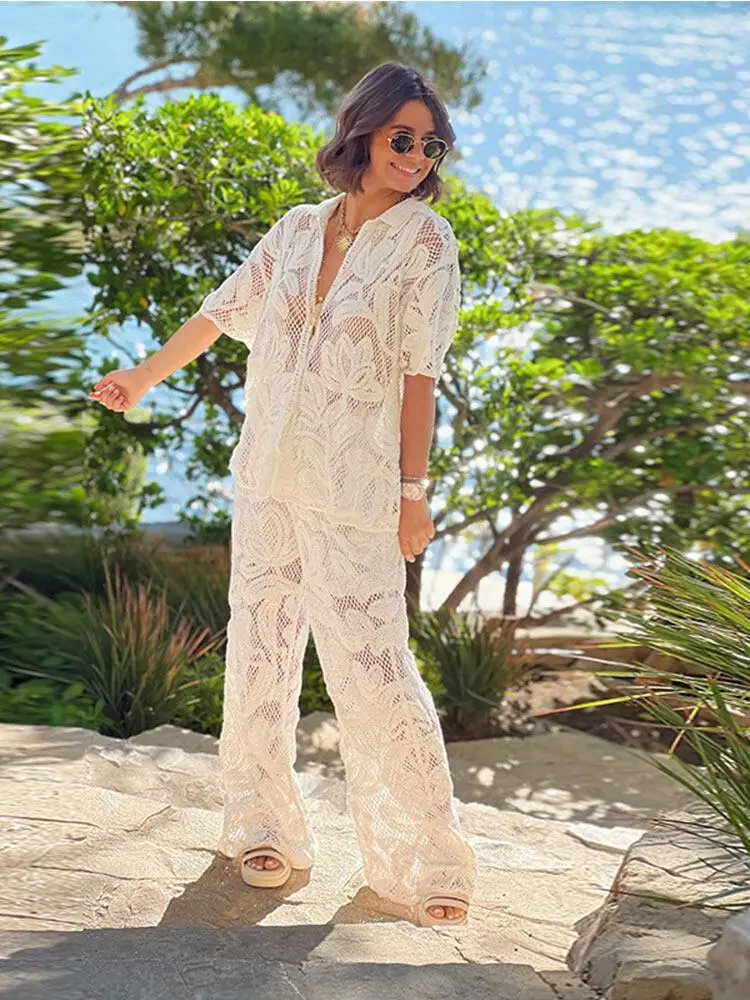 Women Elegant Floral Jacquard Knitted 2 Piece Set Women Short Sleeve Single Breasted Shirts Tops + Wide Leg Pants Casual Suits
Women Elegant Floral Jacquard Knitted 2 Piece Set Women Short Sleeve Single Breasted Shirts Tops + Wide Leg Pants Casual Suits