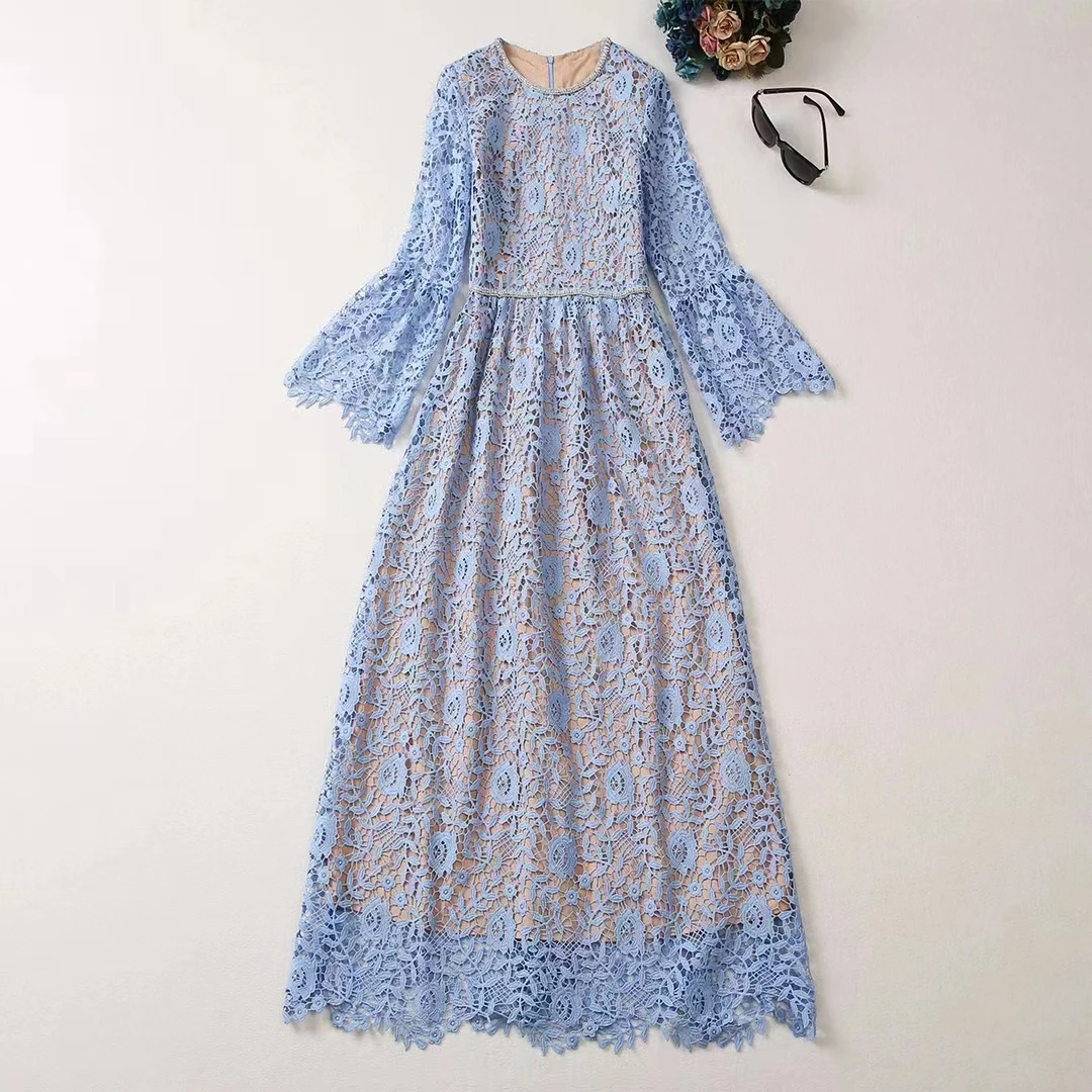 European and American women's clothes 2023 summer new Flared long sleeve studded beaded crewneck fashion Blue Lace Pleated Dress
European and American women's clothes 2023 summer new Flared long sleeve studded beaded crewneck fashion Blue Lace Pleated Dress