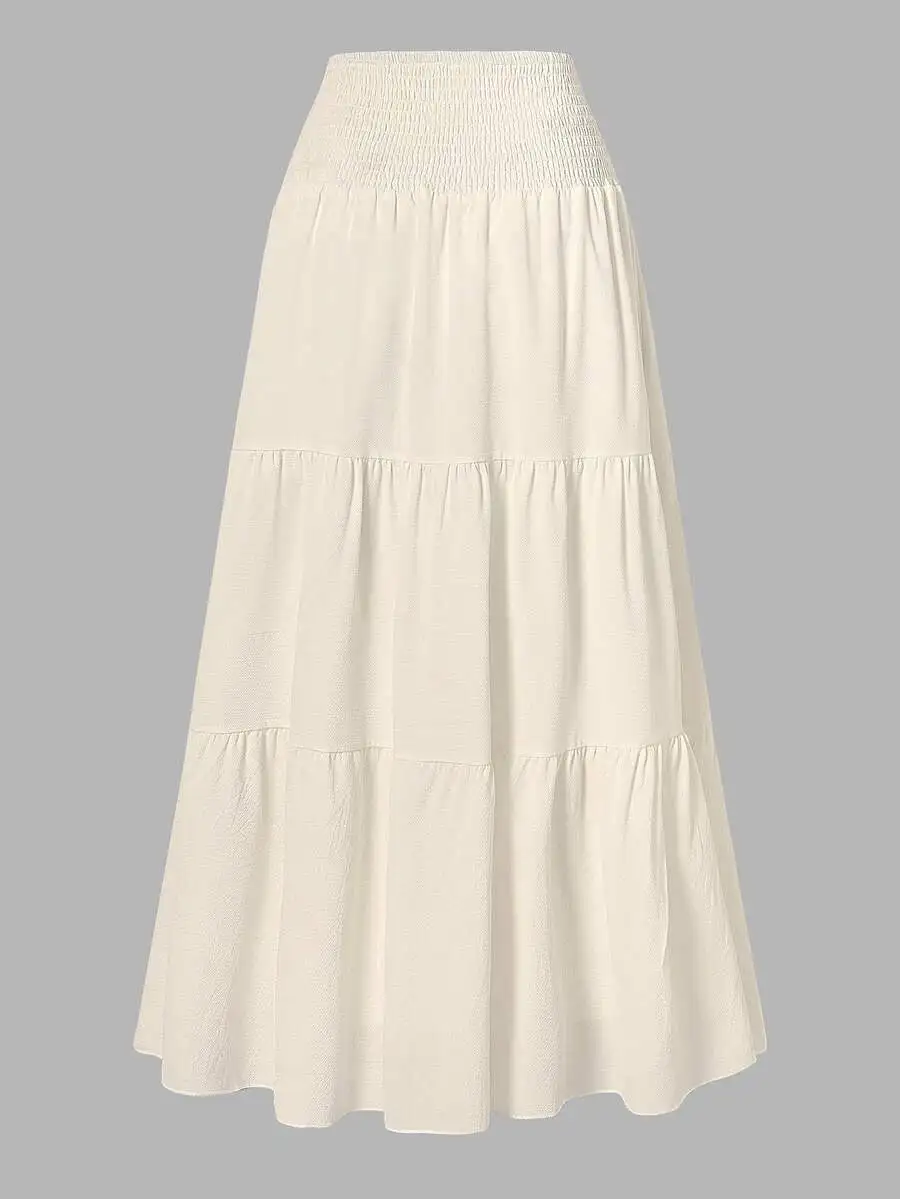 Women Solid Color Minimalist Tiered Ruffle Hem Crinkle Midi Skirt White
Women Solid Color Minimalist Tiered Ruffle Hem Crinkle Midi Skirt White
