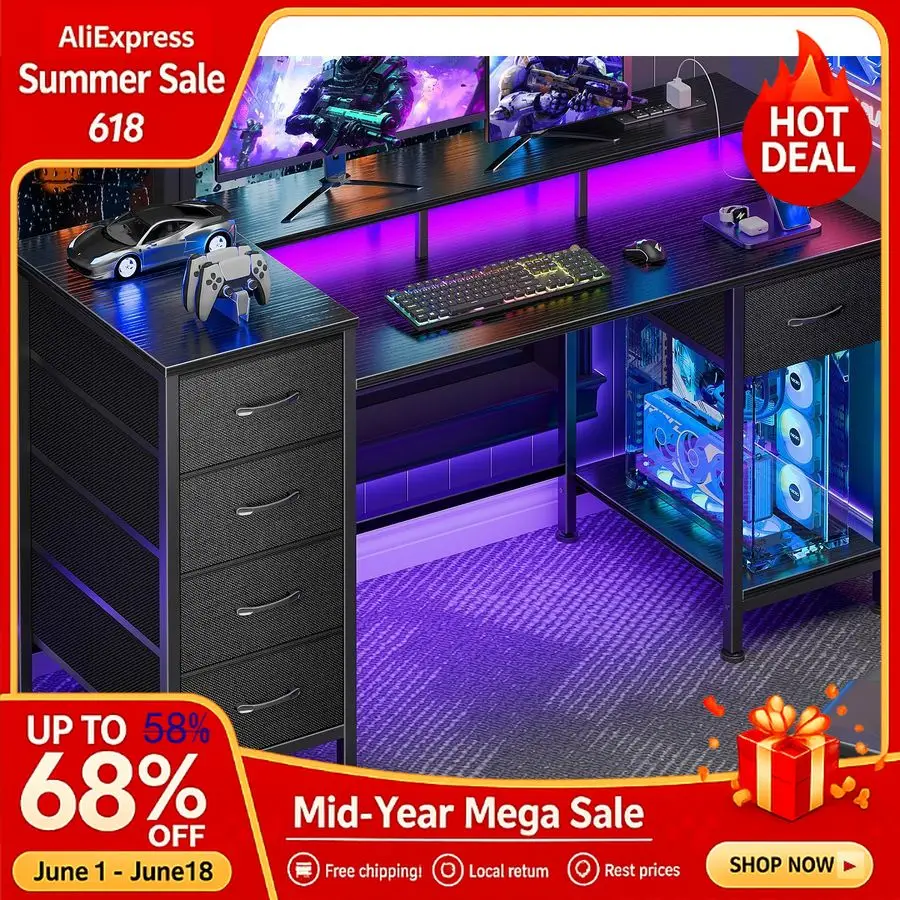 47 Inch Computer Desk with 5 Fabric Storage Drawers,Gaming Desk Power Outlets LED Lights,Reversible Home Office Desks, Custom
47 Inch Computer Desk with 5 Fabric Storage Drawers,Gaming Desk Power Outlets LED Lights,Reversible Home Office Desks, Custom