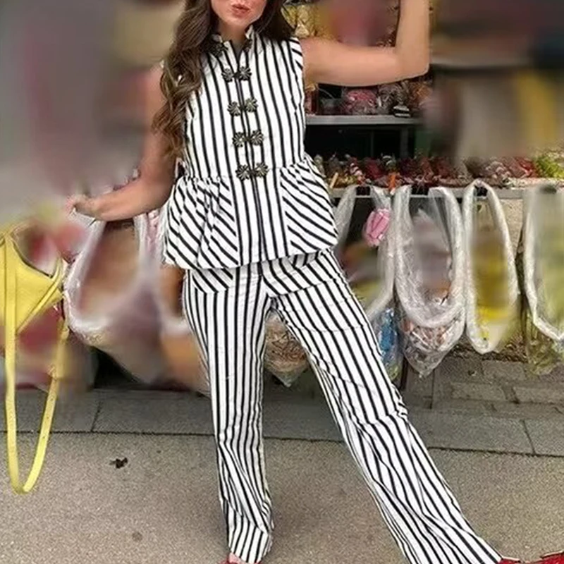 Fashion Single Breasted Commute Sets Casual Simple Stripe Printed Slim Outfits Elegant O Neck Sleeveless Vest&Pocket Pants Sets
Fashion Single Breasted Commute Sets Casual Simple Stripe Printed Slim Outfits Elegant O Neck Sleeveless Vest&Pocket Pants Sets