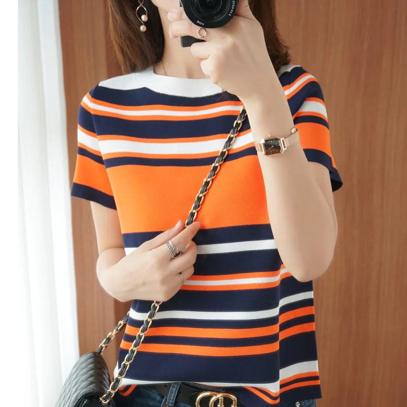 Летняя женская футболка из 100% хлопка с коротким рукавом, круглым вырезом, в полоску, с контрастными вставками, свободного кроя, тонкая, трикотажная, с круглым вырезом, топ
Летняя женская футболка из 100% хлопка с коротким рукавом, круглым вырезом, в полоску, с контрастными вставками, свободного кроя, тонкая, трикотажная, с круглым вырезом, топ