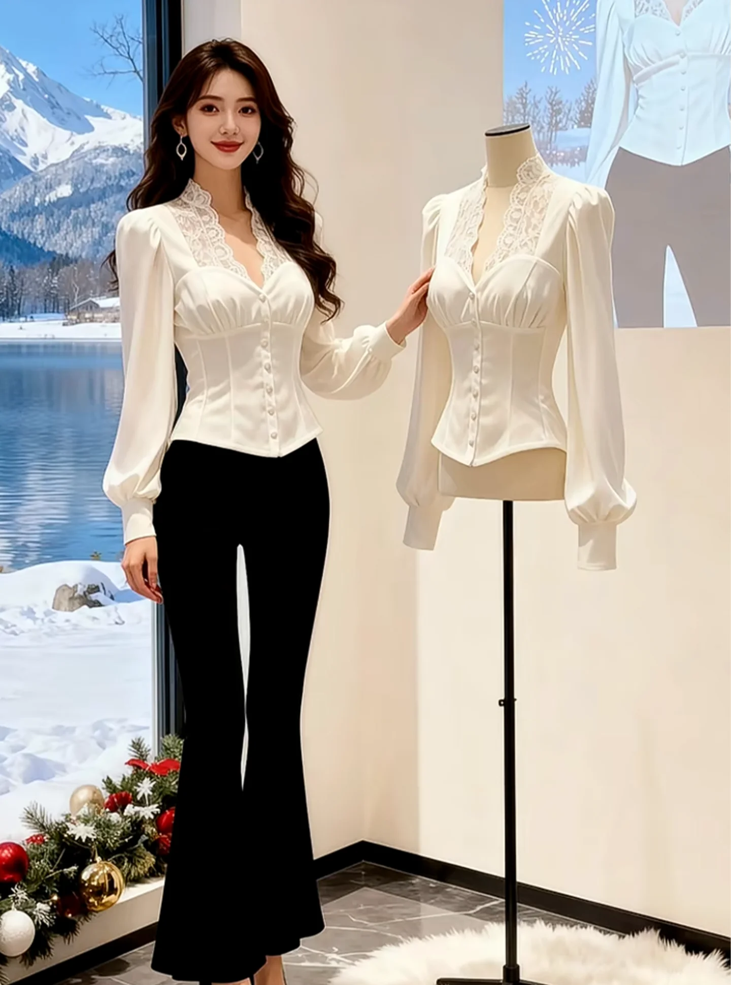 Romantic Sle White Lace Bubble Sve Waist-Cinching irt for Women Ele Miss Rich Sle Top V-ne Long Sve Button ...
Romantic Sle White Lace Bubble Sve Waist-Cinching irt for Women Ele Miss Rich Sle Top V-ne Long Sve Button ...