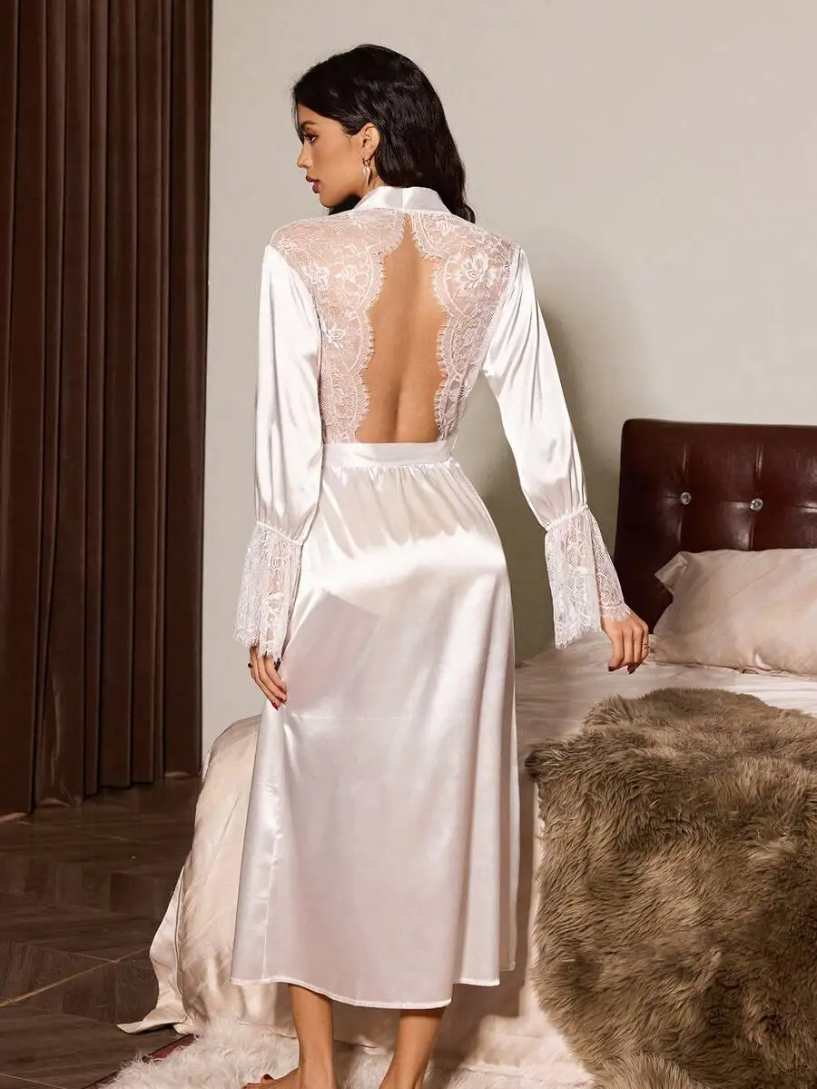 White Lace Trim Satin Open Back Robe Long Sleeve Sleep Dress Elegant Nightwear
White Lace Trim Satin Open Back Robe Long Sleeve Sleep Dress Elegant Nightwear