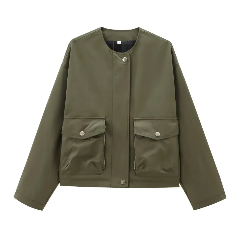 Loose Fit Army Green Zipper Jacket round Neck Long Sleeve Contrast Color Short Top for Autumn Winter Women's Fashion 
Loose Fit Army Green Zipper Jacket round Neck Long Sleeve Contrast Color Short Top for Autumn Winter Women's Fashion