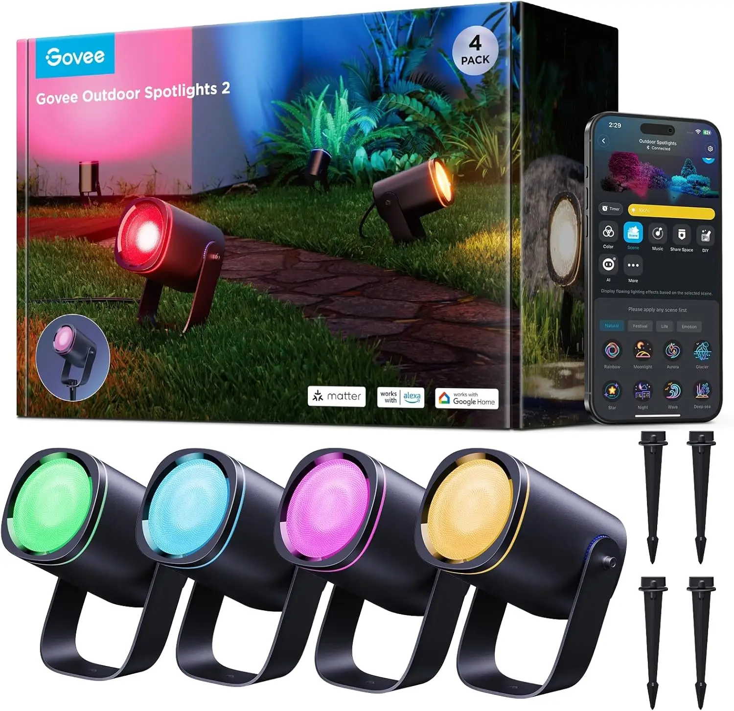 Waterproof Outdoor Spotlights with Smart Control, RGB Color Changing Landscape Lights for Patio Decor, 4-Pack
Waterproof Outdoor Spotlights with Smart Control, RGB Color Changing Landscape Lights for Patio Decor, 4-Pack