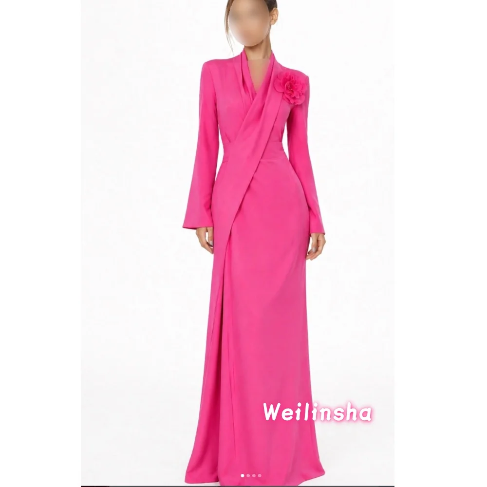 Fuchsia V-Neck Flower Evening Dresses Long Sleeve Floor-Length Pleated Prom Gowns Elegant Dubai Party Dress Customized
Fuchsia V-Neck Flower Evening Dresses Long Sleeve Floor-Length Pleated Prom Gowns Elegant Dubai Party Dress Customized