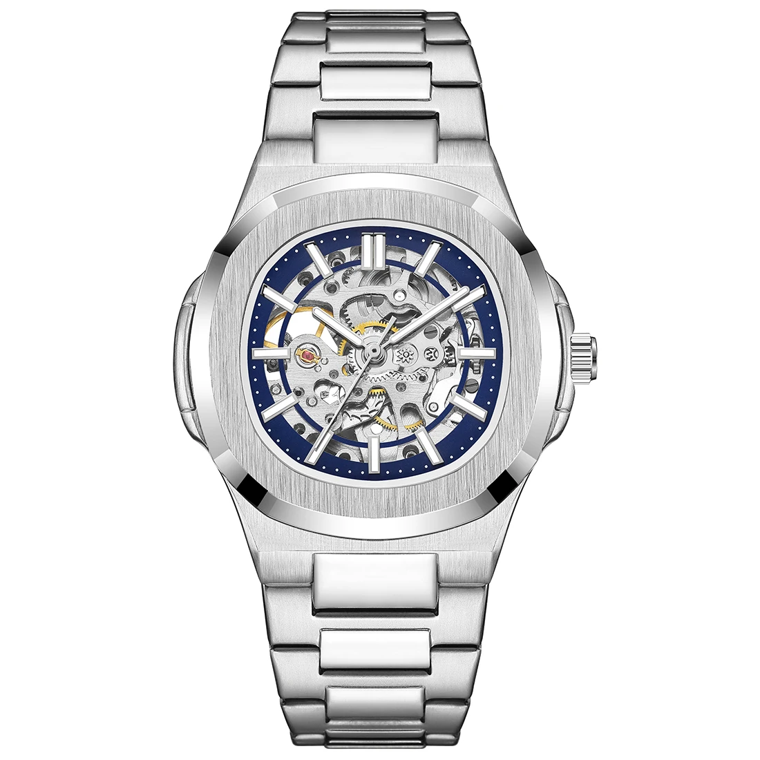 

Skeleton Hollow Men Automatic Mechanical Watch Steampunk Sliver Blue Full Steel Waterproof Wrist Watches Male Mechanism Clock