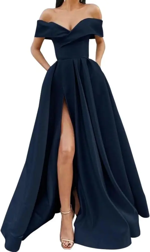 Off Shoulder Long Slit Prom Dresses for Women A-Line Backless Satin Formal Evening Party Gown with Pockets Coctail Sexy Dresses 
Off Shoulder Long Slit Prom Dresses for Women A-Line Backless Satin Formal Evening Party Gown with Pockets Coctail Sexy Dresses