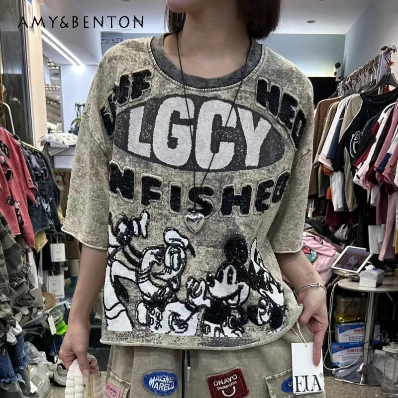 American Retro Washed Old Short-sleeved T-shirt Women's Cool Design Sense Popular Loose Oversized Half-sleeved Top Tees Pullover
American Retro Washed Old Short-sleeved T-shirt Women's Cool Design Sense Popular Loose Oversized Half-sleeved Top Tees Pullover