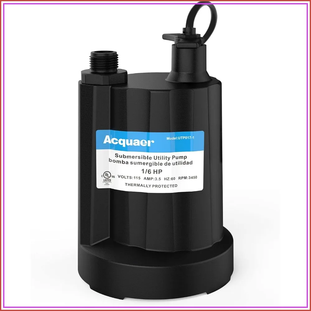 1/6 HP Submersible Utility Pump 1760 GPH, 10ft Cord for Basement Pool Draining
1/6 HP Submersible Utility Pump 1760 GPH, 10ft Cord for Basement Pool Draining