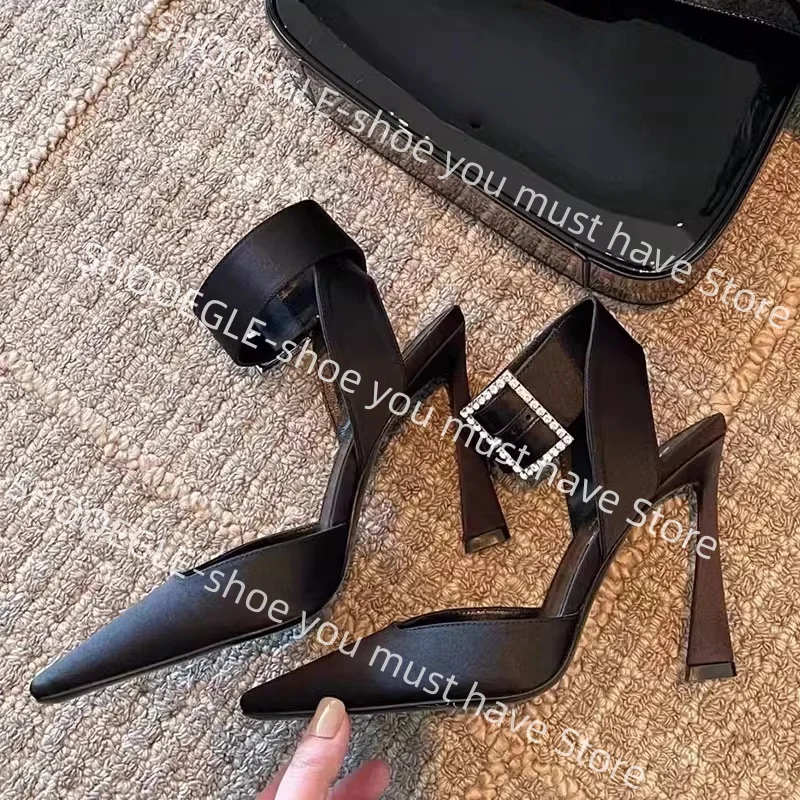 Women's Black Satin Pointed-Toe Spool Heel Mule Sandals Crystal Buckle Detail Lustrous Elegant Ankle Strap Ladies Street Shoes
Women's Black Satin Pointed-Toe Spool Heel Mule Sandals Crystal Buckle Detail Lustrous Elegant Ankle Strap Ladies Street Shoes