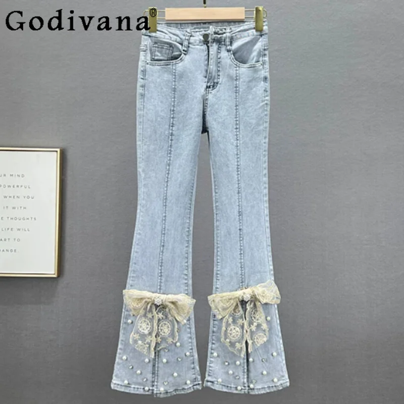 Summer Fashion High Waist Heavy Industry Beaded Split Pants Women Elegant European Diamond Light Blue Sweet Bow Bootcut Jeans
Summer Fashion High Waist Heavy Industry Beaded Split Pants Women Elegant European Diamond Light Blue Sweet Bow Bootcut Jeans