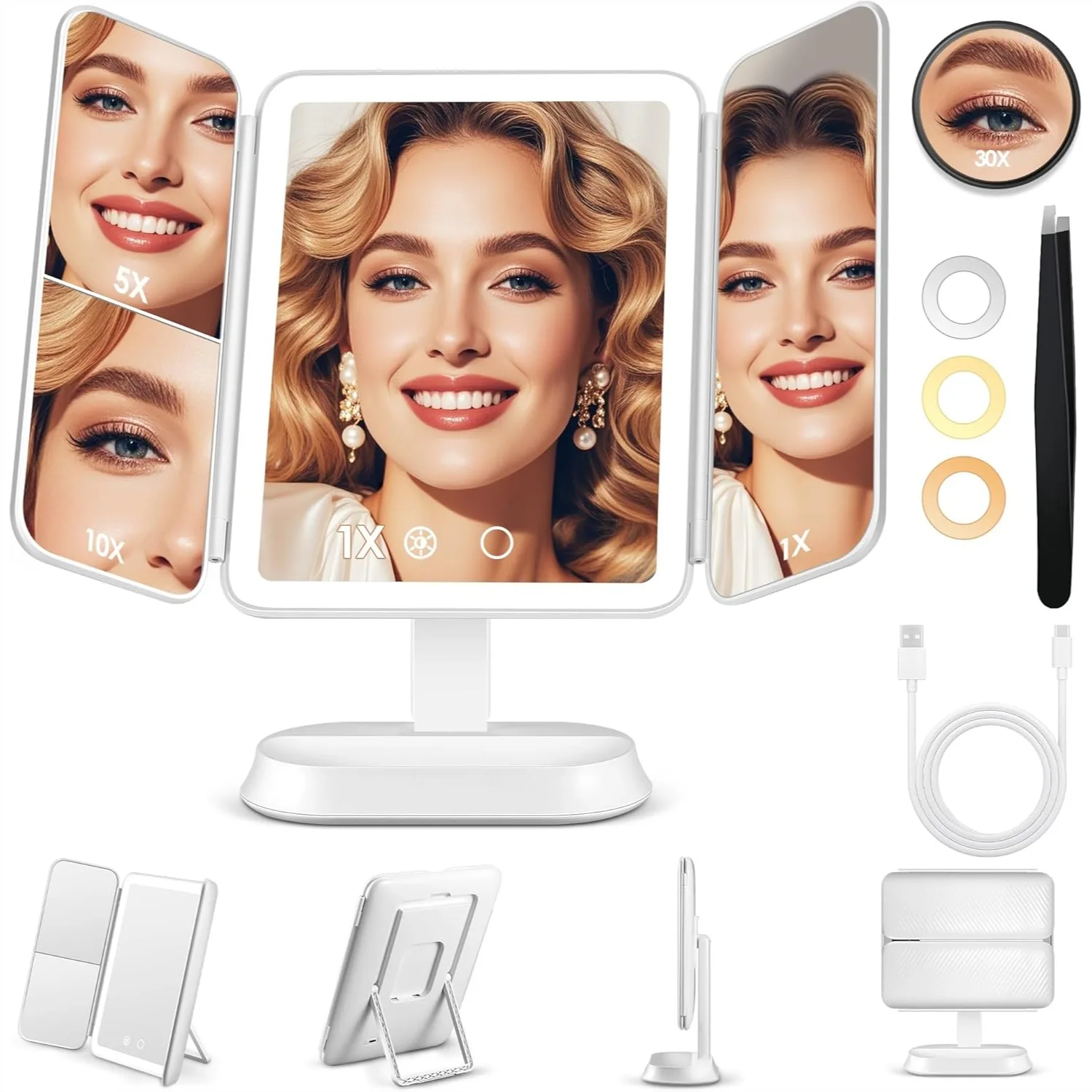 Makeup Mirror With Lights 30X 10X 5X Magnification Detachable Vanity Mirror 3 Colors Dimmable Trifold Mirror For Travel Desk
Makeup Mirror With Lights 30X 10X 5X Magnification Detachable Vanity Mirror 3 Colors Dimmable Trifold Mirror For Travel Desk