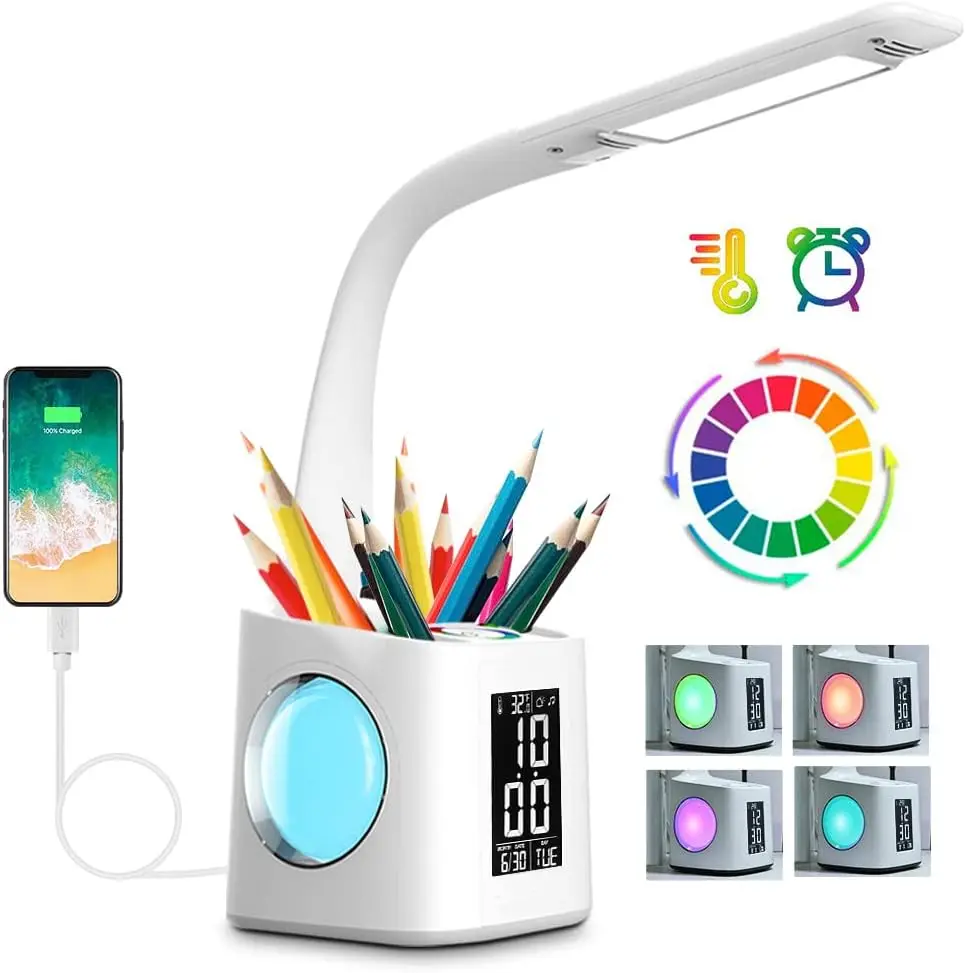 Multifunctional LED Desk Lamp with Clock, Color Nightlight, USB Charger, Pen Holder for Home Office Bedroom
Multifunctional LED Desk Lamp with Clock, Color Nightlight, USB Charger, Pen Holder for Home Office Bedroom