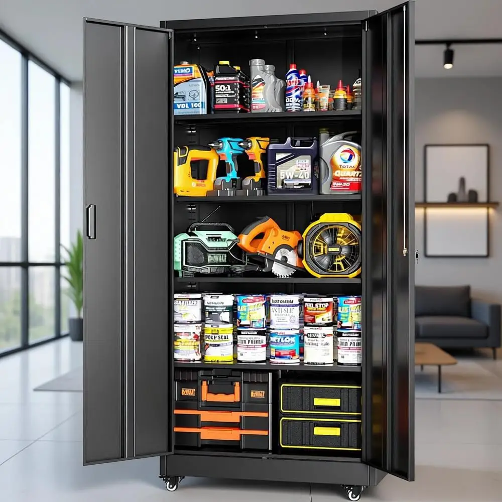 73 Rolling Lockable Metal Storage Cabinet with 2 Doors and 4 Adjustable Shelves for Garage, Home, Office, School
73 Rolling Lockable Metal Storage Cabinet with 2 Doors and 4 Adjustable Shelves for Garage, Home, Office, School