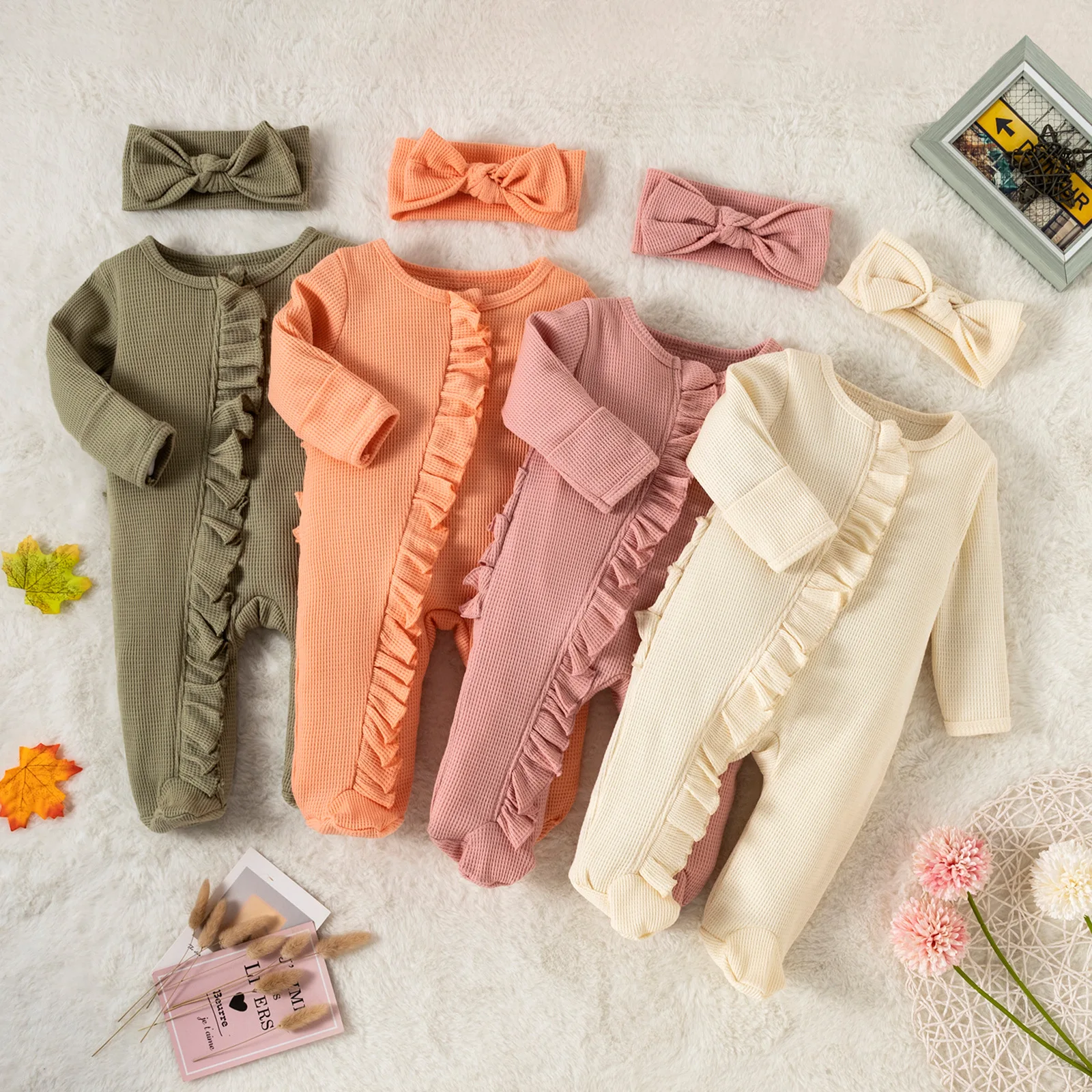 Newborn Baby Girl Rompers Long Sleeve Waffle Ruffle Jumpsuit with Headband Set Infant Kids Cotton Footies Pajamas Zipper Clothes
Newborn Baby Girl Rompers Long Sleeve Waffle Ruffle Jumpsuit with Headband Set Infant Kids Cotton Footies Pajamas Zipper Clothes
