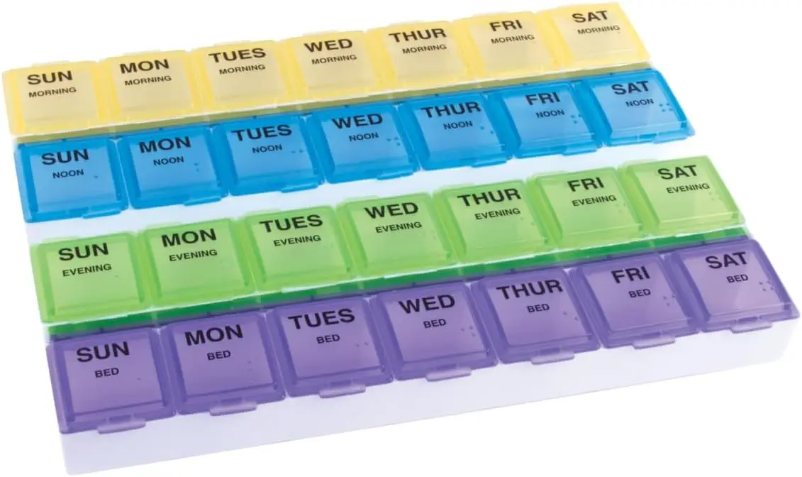 Weekly 7-Day Pill Organizer, Large Compartments, 4 Times Daily, BPA-Free, Easy Open
Weekly 7-Day Pill Organizer, Large Compartments, 4 Times Daily, BPA-Free, Easy Open