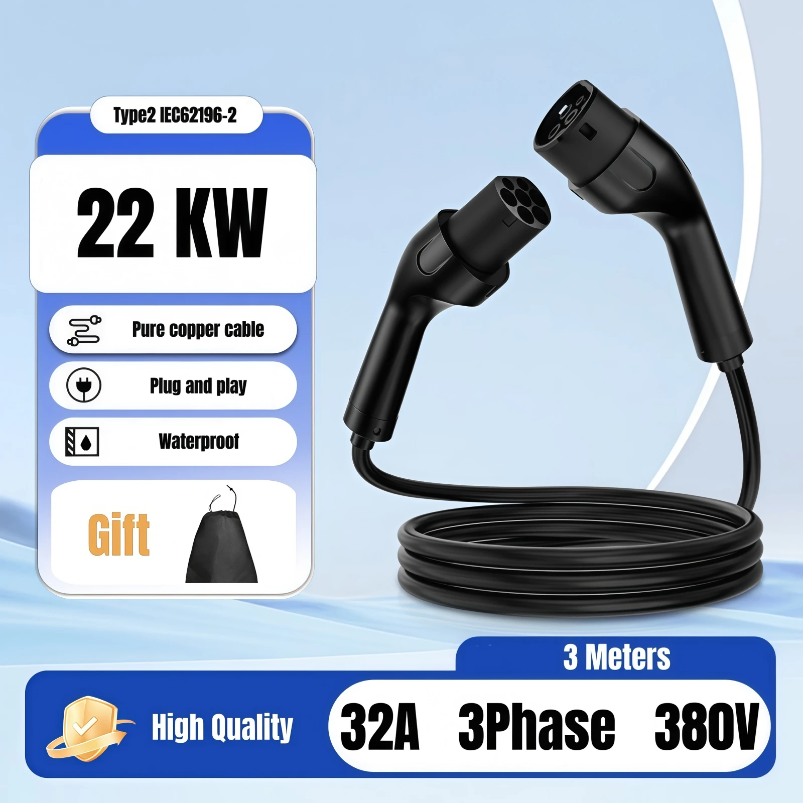 EV Charging Cable 32A 22KW 3Phase Electric Vehicle Charger Cables 7KW 1Phase EV Charger Cable Type2 to Type2 IEC62196-2
EV Charging Cable 32A 22KW 3Phase Electric Vehicle Charger Cables 7KW 1Phase EV Charger Cable Type2 to Type2 IEC62196-2