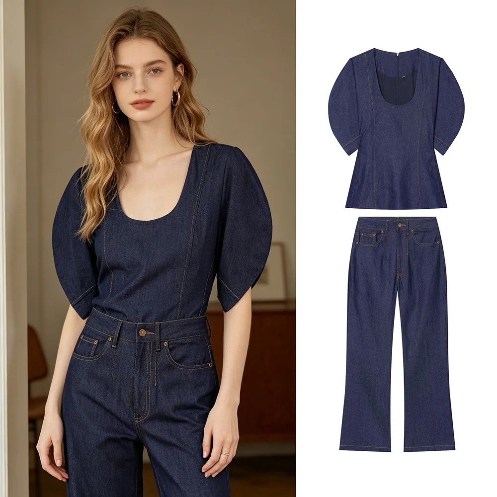 PRINTKAOIR New Summer Women's Denim Two Piece Set Puff Sleeve U-neck Blouse High Waist Wide Leg Jeans Casual Daily Wear Suit
PRINTKAOIR New Summer Women's Denim Two Piece Set Puff Sleeve U-neck Blouse High Waist Wide Leg Jeans Casual Daily Wear Suit