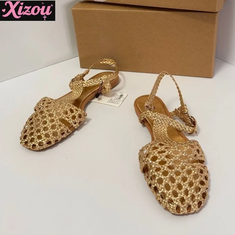 Vintage Bohemian Trendy Women Gold Woven Hollow Flat Sandals Gladiator Square Toe Back Strap Summer Beach Holiday Outdoor Shoes
Vintage Bohemian Trendy Women Gold Woven Hollow Flat Sandals Gladiator Square Toe Back Strap Summer Beach Holiday Outdoor Shoes