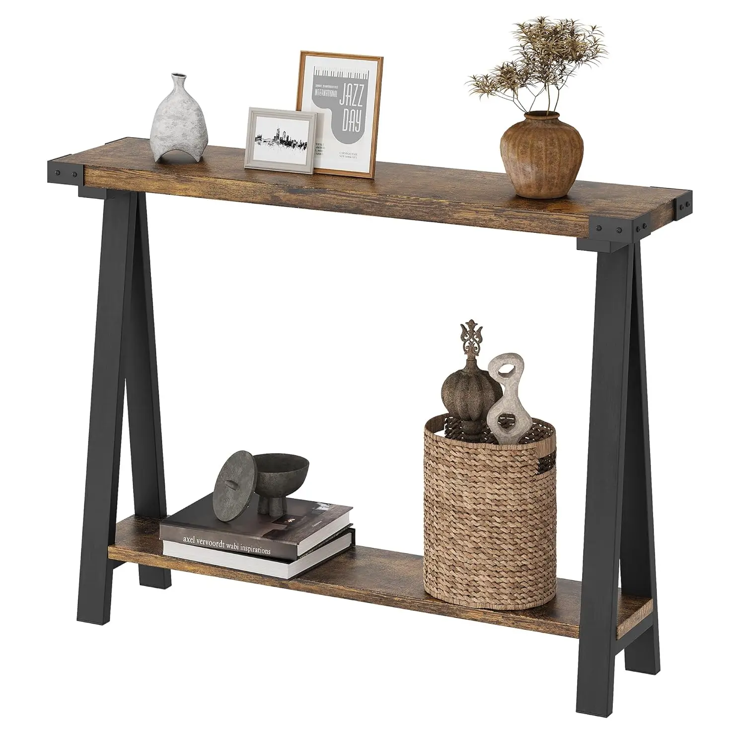 Rustic Brown Console Table 43.3" 2-Tier Storage Metal Frame MDF Behind Couch Hallway Entryway, Customized