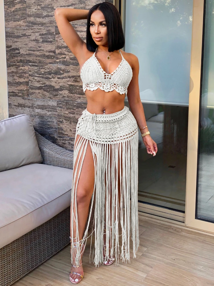 Leosoxs Sexy Women Knitted Set Halter Backless Crop Top Long Tassels Skirt Two Pieces Set Crocheted Beach Outfits 2024
Leosoxs Sexy Women Knitted Set Halter Backless Crop Top Long Tassels Skirt Two Pieces Set Crocheted Beach Outfits 2024