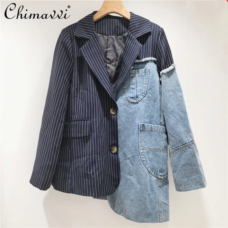 Fashion Asymmetrical Splicing Denim Blazer Women's Autumn New High Street Loose Slim-fit Rough Edge Pocket Vertical Striped Suit
Fashion Asymmetrical Splicing Denim Blazer Women's Autumn New High Street Loose Slim-fit Rough Edge Pocket Vertical Striped Suit