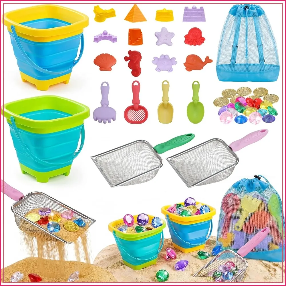 46 PCS Beach Sand Toys Set with Collapsible Buckets, Mesh Bag, Metal Sifters, Treasure Gems & Castle Molds for Travel
46 PCS Beach Sand Toys Set with Collapsible Buckets, Mesh Bag, Metal Sifters, Treasure Gems & Castle Molds for Travel