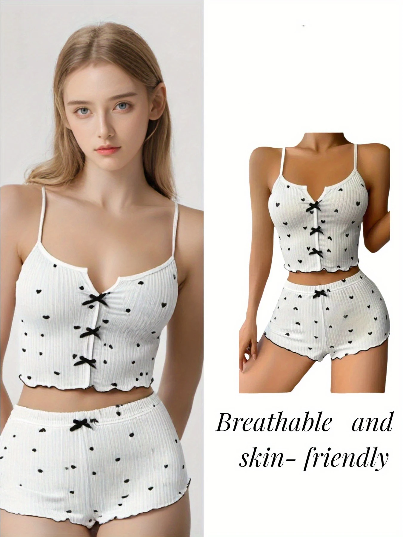 Милый пижамный комплект с принтом сердца, женский топ на бретельках в рубчик, шорты с бантом, одежда для сна, домашняя одежда, мягкий удобный пижамный комплект
Милый пижамный комплект с принтом сердца, женский топ на бретельках в рубчик, шорты с бантом, одежда для сна, домашняя одежда, мягкий удобный пижамный комплект