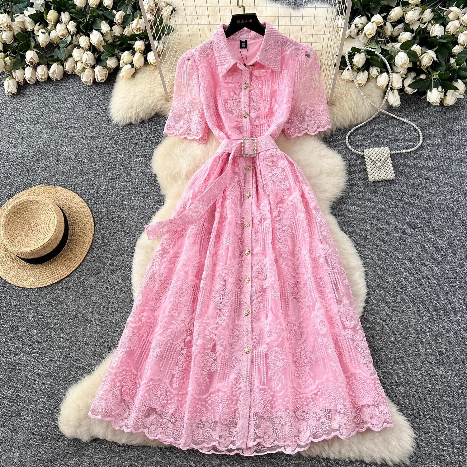 Lace Embroidered Formal Evening Luxury Dress Women Summer Short Sleeve Single-Breasted Diamond Buttons Belt Party Long Dresses
Lace Embroidered Formal Evening Luxury Dress Women Summer Short Sleeve Single-Breasted Diamond Buttons Belt Party Long Dresses