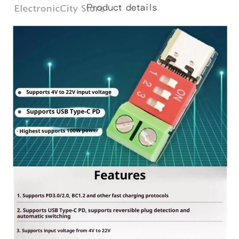 1/2/5 шт. 5-20 В регулируемый триггер PD USB Type-C 100 Вт модуль тестера источника питания синий PD тестовая плата быстрой зарядки
1/2/5 шт. 5-20 В регулируемый триггер PD USB Type-C 100 Вт модуль тестера источника питания синий PD тестовая плата быстрой зарядки