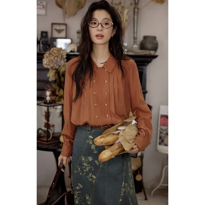 French Retro Double Breasted Lantern Sleeve Shirt Women's New Orange Red Commuting Outer Long Sleeve Top
French Retro Double Breasted Lantern Sleeve Shirt Women's New Orange Red Commuting Outer Long Sleeve Top