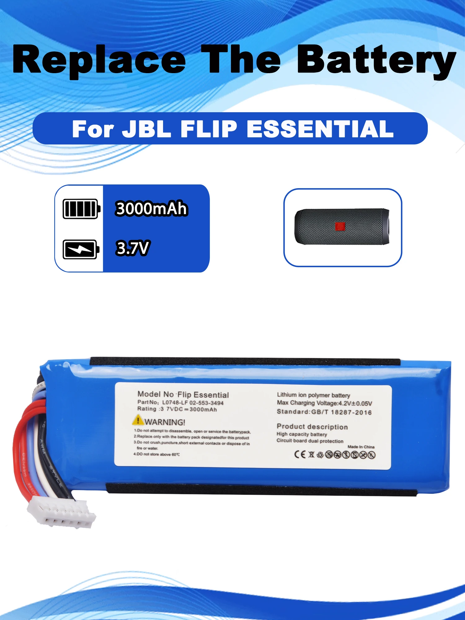 Аккумулятор динамика 3,7 В для JBL Flip Essential, Flip 3 Stealth Edition, Bluetooth-динамик Flip 3 SE 02-553-3494 L0748-LF 3000 мАч
Аккумулятор динамика 3,7 В для JBL Flip Essential, Flip 3 Stealth Edition, Bluetooth-динамик Flip 3 SE 02-553-3494 L0748-LF 3000 мАч