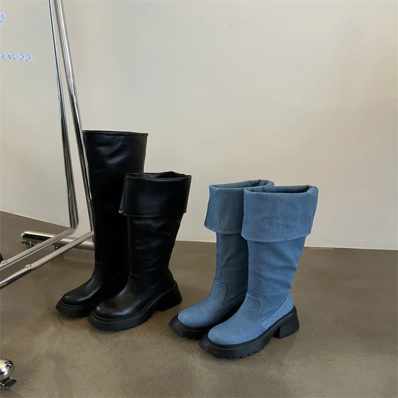 Thick Platform Square Heels Over-the-klnee Boots Black Leather Blue Denim Autum Winter Women Modern Boots Solid Fashion Shoes
Thick Platform Square Heels Over-the-klnee Boots Black Leather Blue Denim Autum Winter Women Modern Boots Solid Fashion Shoes