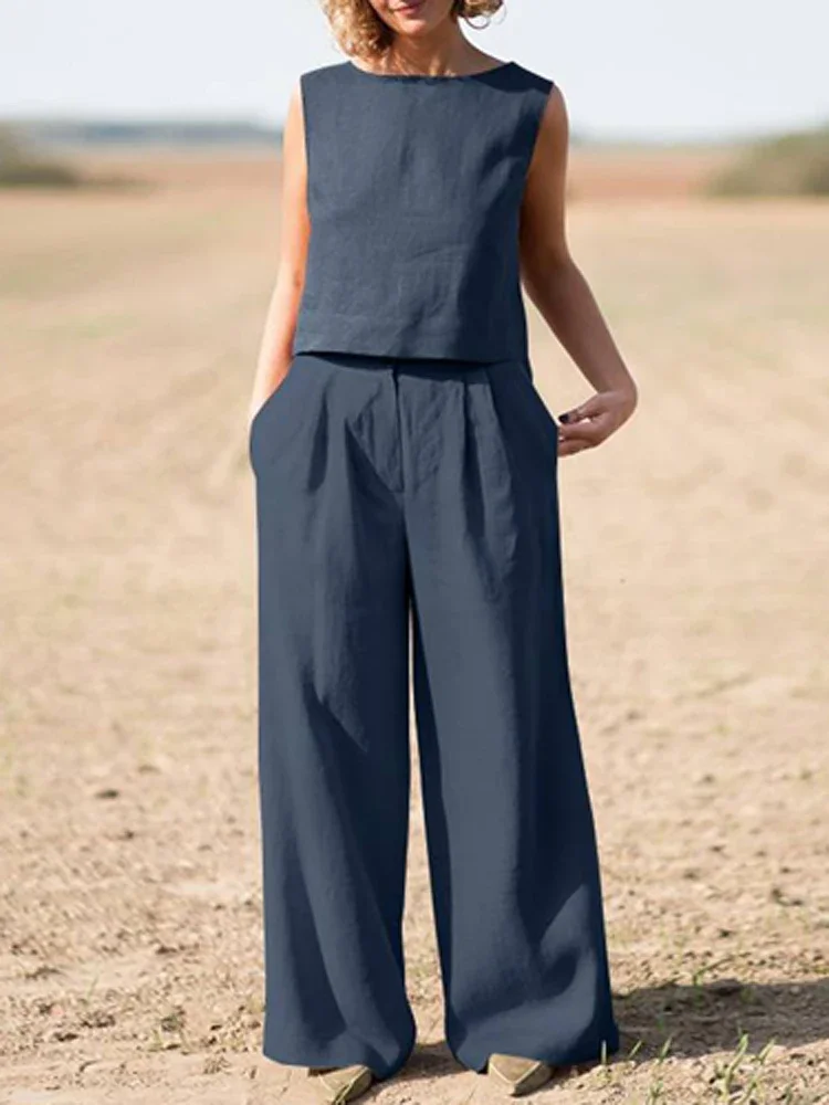 Summer Loose O-Neck Top Wide Leg Pants Two Piece New Elegant Pullover Pants Summer Suit Women Harajuku Style Cotton Linen Suit
Summer Loose O-Neck Top Wide Leg Pants Two Piece New Elegant Pullover Pants Summer Suit Women Harajuku Style Cotton Linen Suit