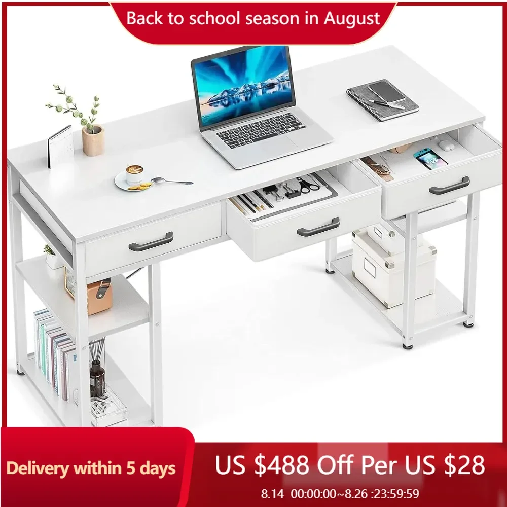 Office Small Computer Desk: Home Table with Fabric Drawers & Storage Shelves, White, 48"x16"
Office Small Computer Desk: Home Table with Fabric Drawers & Storage Shelves, White, 48"x16"