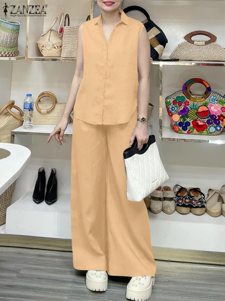 ZANZEA Summer 2PCS Lapel Neck Sleeveless Shirts Wide Leg Pant Sets Women Matching Sets Casual Work Outfit Fashion Trousers Suits
ZANZEA Summer 2PCS Lapel Neck Sleeveless Shirts Wide Leg Pant Sets Women Matching Sets Casual Work Outfit Fashion Trousers Suits