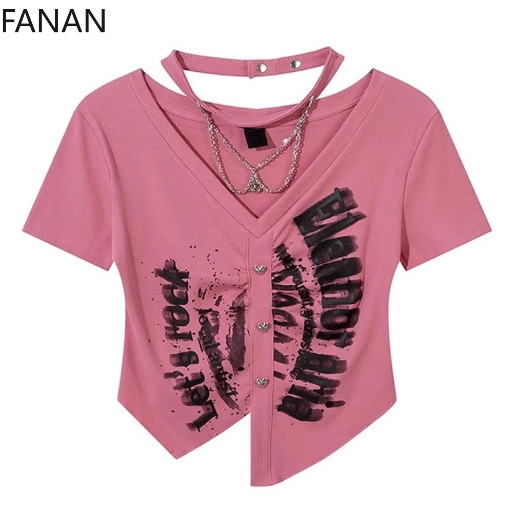 2025 T Shirt Women Harajuku Sexy Tees Female Letter Print Tops Y2k Neckline Chain V-neck Short-sleeved T-shirt Summer Fashion
2025 T Shirt Women Harajuku Sexy Tees Female Letter Print Tops Y2k Neckline Chain V-neck Short-sleeved T-shirt Summer Fashion
