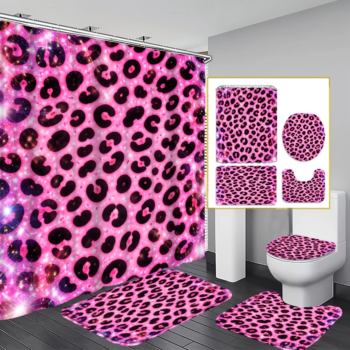 1 or 4 Piece Pink Leopard Galaxy Shower Curtain Set - Exotic Space Pattern Bathroom Decor - Washable Fabric Curtain and Rugs
1 or 4 Piece Pink Leopard Galaxy Shower Curtain Set - Exotic Space Pattern Bathroom Decor - Washable Fabric Curtain and Rugs
