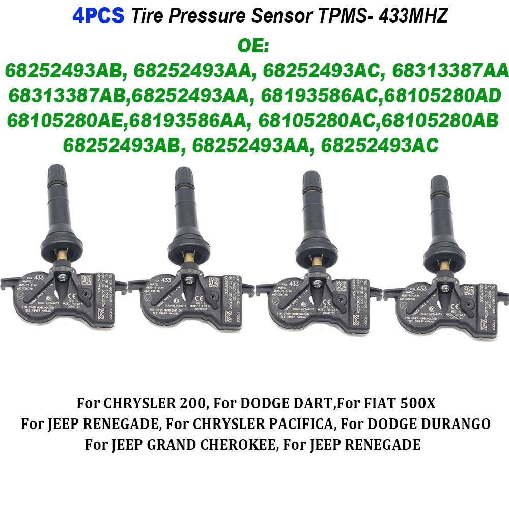 4PCS 68313387AB 68252493AB 68193586AA 68105280AA 68313387AA Tire Pressure Sensor TPMS 433MHz For Dodge Dart For Dodge Durango
4PCS 68313387AB 68252493AB 68193586AA 68105280AA 68313387AA Tire Pressure Sensor TPMS 433MHz For Dodge Dart For Dodge Durango
