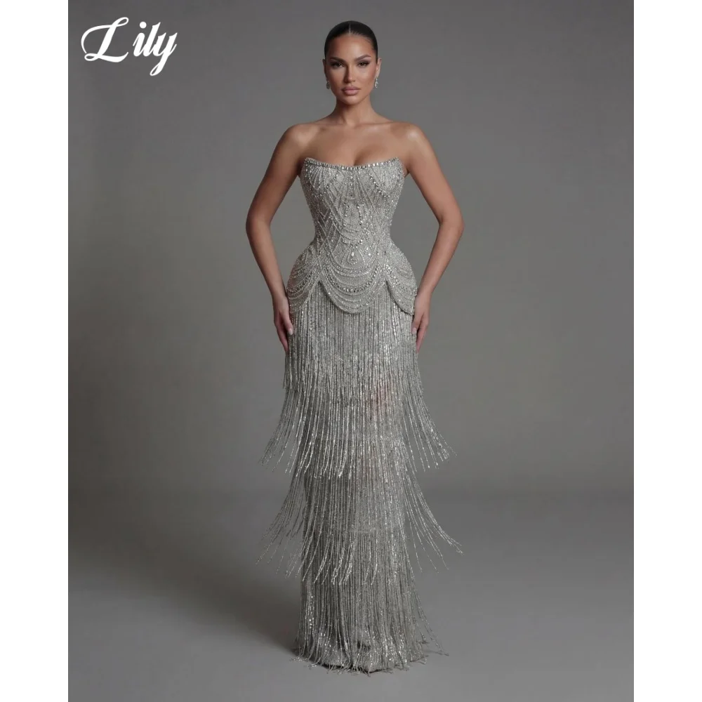 Lily Silver Strapless Prom Dress Beaded Corset with Fringe Skirt Evening Dress Luxury Mermaid Party Dress For Women Customized
Lily Silver Strapless Prom Dress Beaded Corset with Fringe Skirt Evening Dress Luxury Mermaid Party Dress For Women Customized