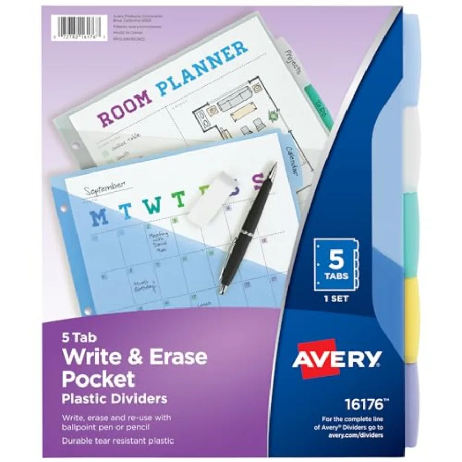 Write and Erase Pocket Plastic Dividers for 3 Ring Binders, 5 Tab Set, Works with Sheet Protectors, Multicolor, 1 Set 16176
Write and Erase Pocket Plastic Dividers for 3 Ring Binders, 5 Tab Set, Works with Sheet Protectors, Multicolor, 1 Set 16176